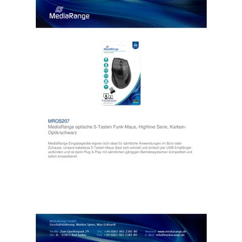 Mouse ottico Media Range 5 pulsanti, serie highline, wireless 1600 dpi carbonio/nero - MROS207
